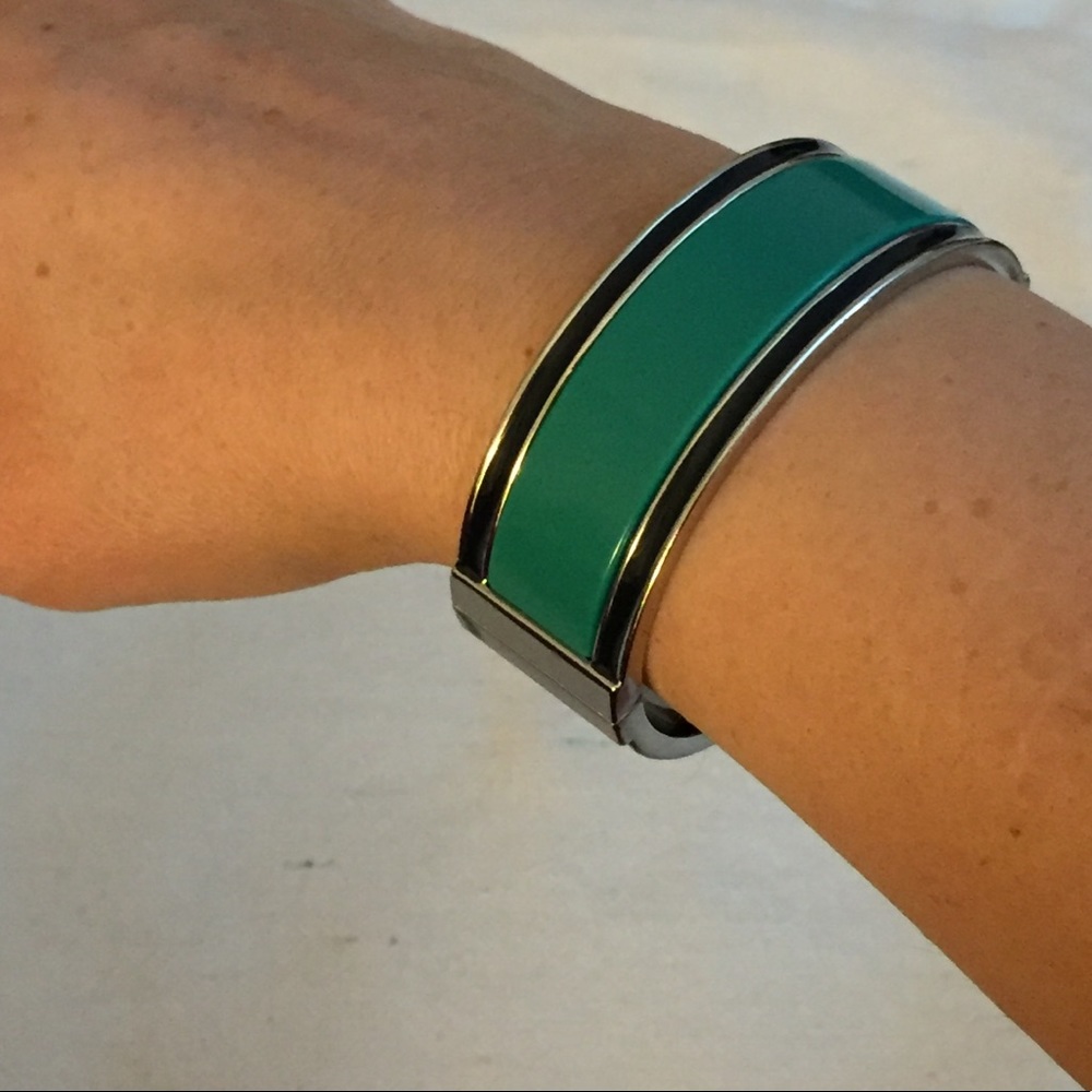 Talbots Silver Tone Green Enamel Bangle with Black Stripes on Edges